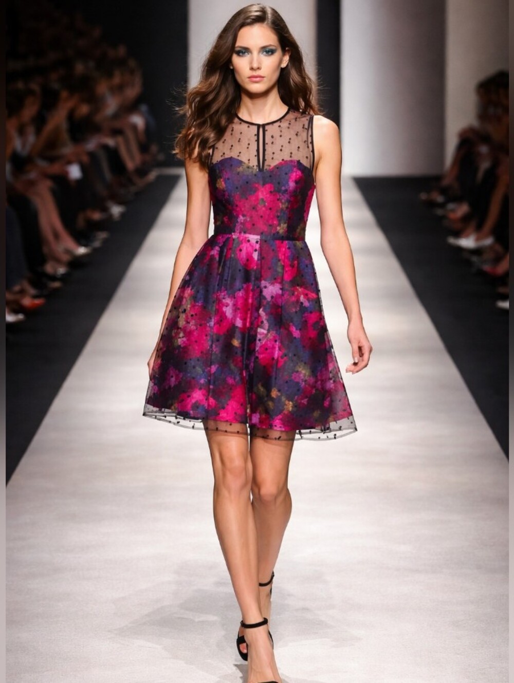 Collection B Black Mesh Yoke Floral Midi Dress - Pink Multi